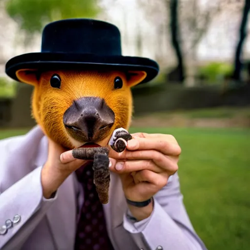 Image similar to smoking cigar, a man wearing a suit capybara head wearing a hat (smoking cigar)