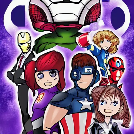 Image similar to the avengers in the style of yuyuko takemiya and gen urobuchi