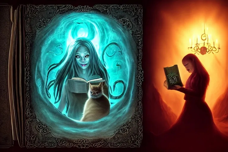 Image similar to romantic photo of bright girl, her cat and her book of necronomicon, symmetrical, cinematic, real dlsr photography, sharp focus, 4 k, ultra hd, sense of awe, sinister demonic atmosphere, dreadful, forbidden knowledge, old gods, cthulhu, yog - sothoth! yah, yah, yah! cultist journal cover