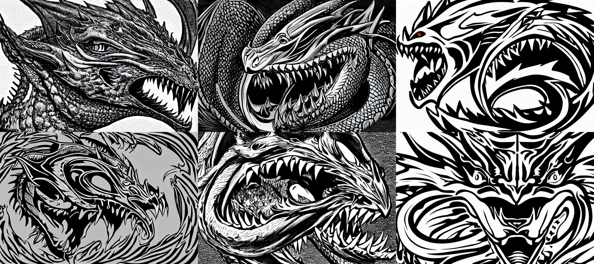 Prompt: A dragon head with wide jaw close up looking at camera, breathing fire toward camera, by todd lockwood, logo vector art, black and white