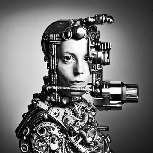 Prompt: a portrait photo of a fine detailed elaborate cyborg by david bailey, high contrast black and white, studio lighting, hasselblad camera, ilford hp - 5