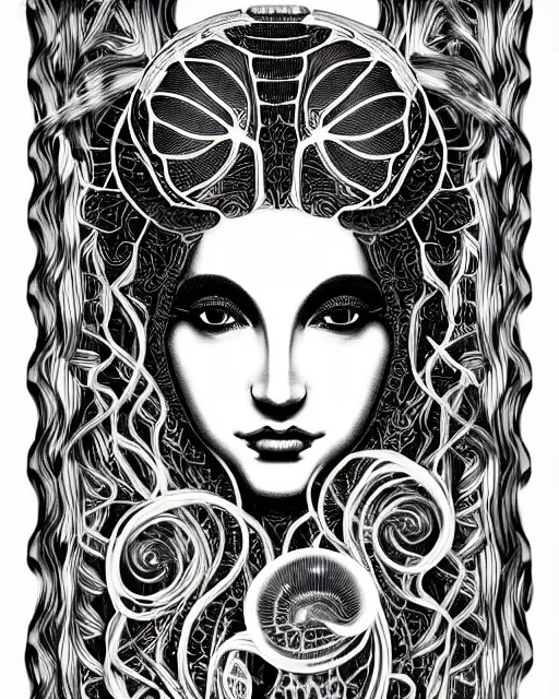 Prompt: mythical dreamy black and white organic bio - mechanical spinal ribbed profile face portrait detail of beautiful intricate monochrome angelic - human - queen - vegetal - cyborg, highly detailed, intricate translucent jellyfish ornate, poetic, translucent microchip ornate, artistic lithography