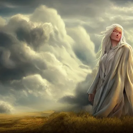 Prompt: a colossal goddess is looking on us from above, creative, albino skin, giant, digital art, photo manipulation, clouds, covered in clouds, covered by clouds, white hair, digital painting, artstation