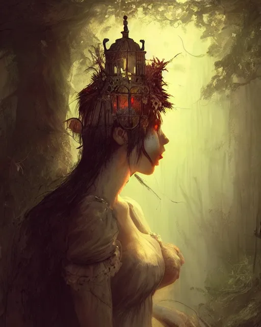 Image similar to Girl with a birdcage on her head, horror, forest. Unreal engine, fantasy art by Adolf von Menzel. Accurate expression, perfect anatomy GL, glowing light