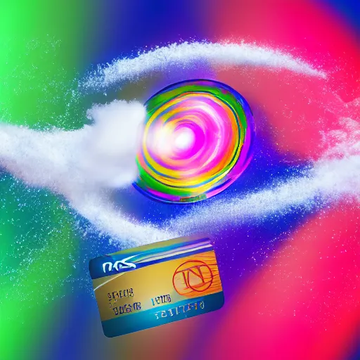 Prompt: credit cards fly through the air at a centered explosion of colorful powder on background by maxvanzwerg