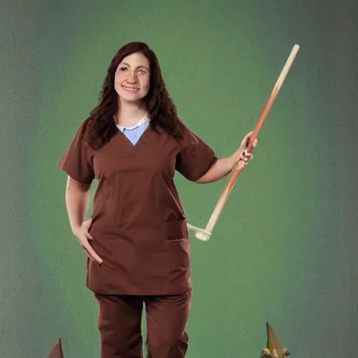 Prompt: a nurse with long brown hair and wearing green scrub pants riding a broomstick like a witch