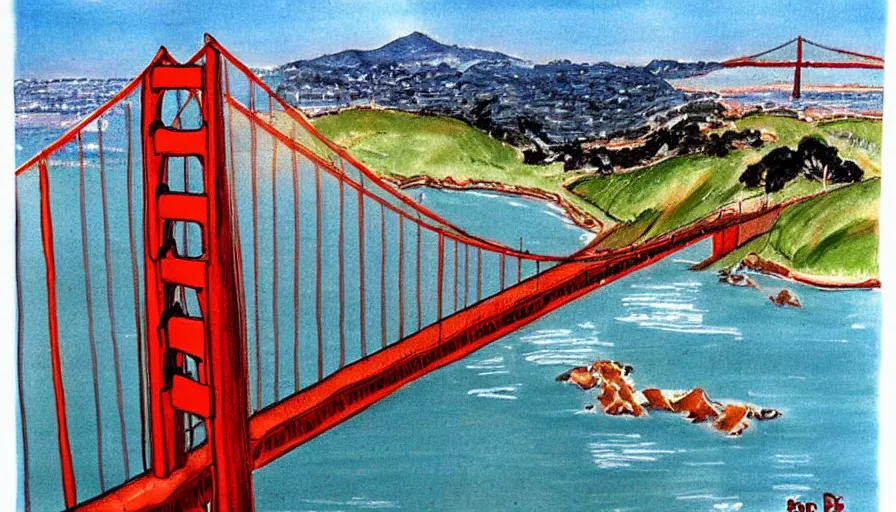 Prompt: Golden Gate Bridge, San Francisco, illustrated by Bob Ross, very detailed