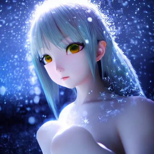 Image similar to photorealistic full shot of masterpiece anime girl, beautifull lovely eyes, posing, electric aura with particles, snowing frozen ice, darkness background, inspired by masami kurumada, akira toriyama, detailed, unreal engine 4 k, volumetric light, fog