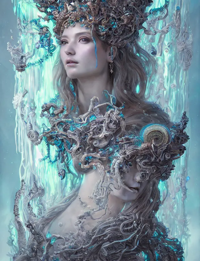 Image similar to goddess portrait from bottom to top by jessica oyhenart in crown made of ram skull, bioluminiscent, plasma, ice, water, wind, creature, super intricate ornaments artwork by tooth wu and wlop and shofff and greg rutkowski