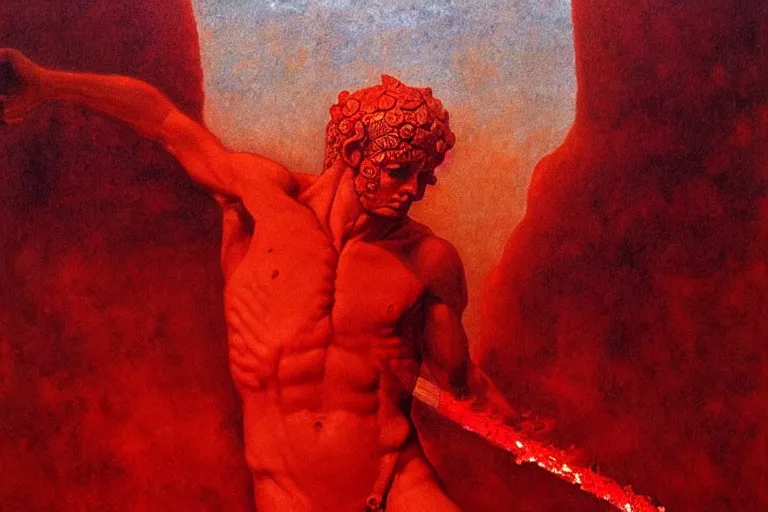 Image similar to only with red, a red melted apollo with a laurel wreath and a flaming sword announce the win, atene in the background, in the style of beksinski, part by hopper, part by rodcenko, part by hofbauer, intricate composition, red by caravaggio, insanely quality, highly detailed, masterpiece, red light, artstation