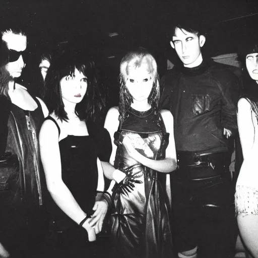 Image similar to goths in a nightclub in a vast underground bunker, berlin 1 9 8 2, grainy high contrast black and white