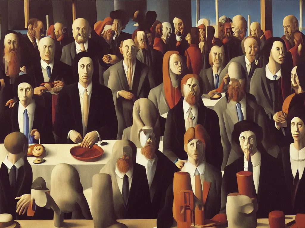 Image similar to crowded last supper painting magritte, renaissance, american gothic