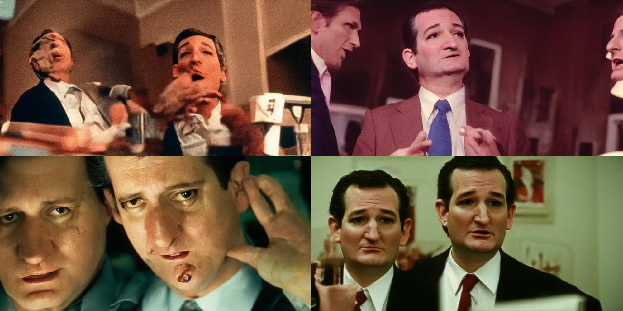 Prompt: ted cruz body horror directed by david cronenberg, cinestill 8 0 0 t, 1 9 8 0 s movie still, film grain