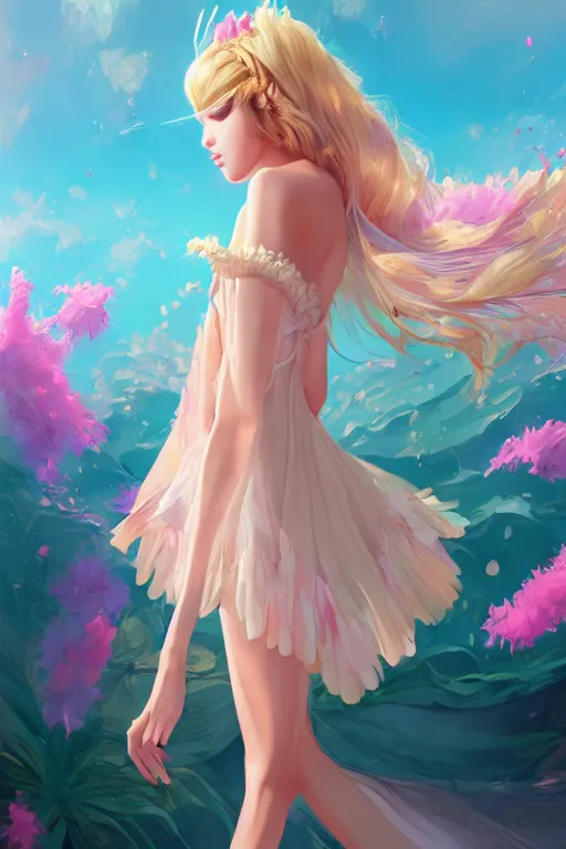 Image similar to a beautiful fashion goddness of love, chic strapless dress, tropical sea background, character design, in the style of artgerm, and wlop, cinematic lighting, hyperdetailed, 8 k realistic, symmetrical, global illumination, radiant light, frostbite 3 engine, cryengine, dof, trending on artstation, digital art