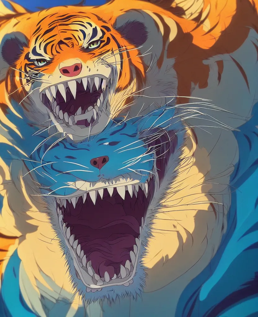 Prompt: beautiful painting from the anime film by studio ghibli neon blue anthropomorphic tiger portrait, drooling and snarling, too many teeth, too many mouths, golden hour backlit, trending on artstation, cell shading, 8k octane render, manga