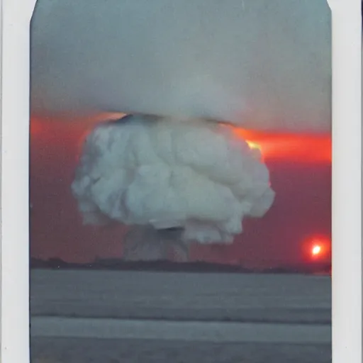 Prompt: Polaroid photo of a nuclear explosion in the Vietnam War, Colorized.