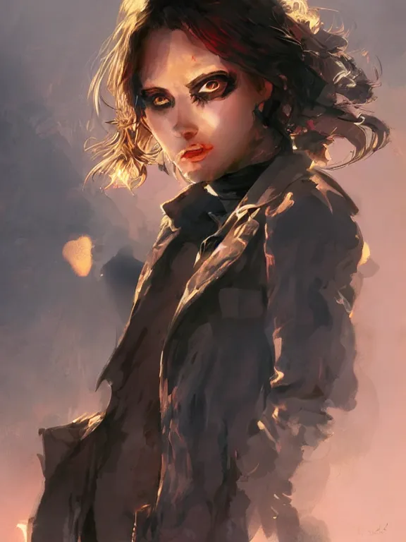 Image similar to digital illustration of a girl with eyes that burn like cigarettes wearing a short skirt and a long jacket with fingernails that shine like justice, dramatic lighting, photorealistic, extreme detail, 4 k, colorful, artgerm and craig mullins