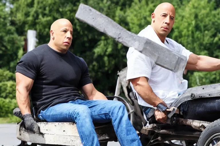 Image similar to Vin Diesel driving a wheelbarrow