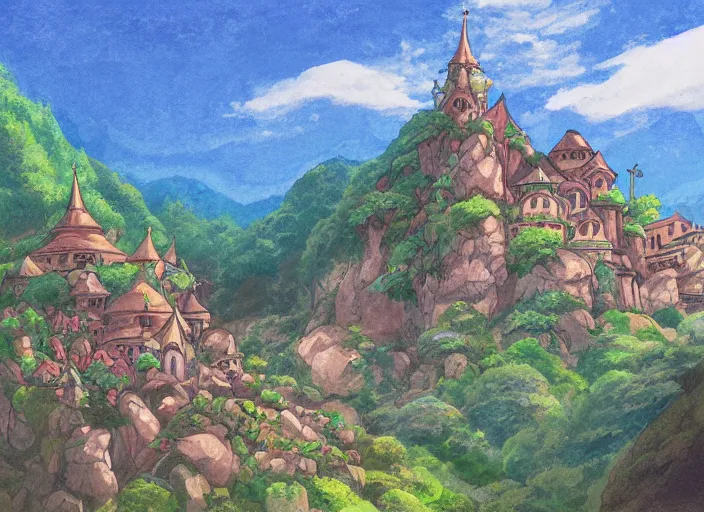 Image similar to view of a monastery on a forested mountain, in the style of studio ghibli, distant, detailed, artstation, award winning painting,