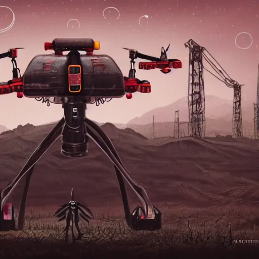 Image similar to giant scary quadrupedal mining drone with drill, four legs, highly detailed body, retro, industrial, dark, dystopian, apocalyptic, clean, in the style of simon stalenhag, 8 5 mm f / 1. 4