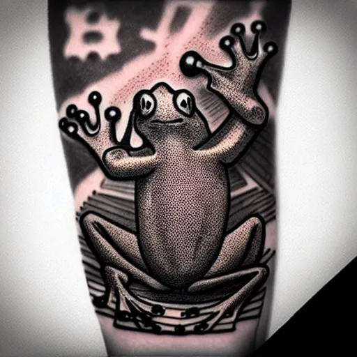 Frog with keyboard and VR set old school tattoo style” | Stable Diffusion