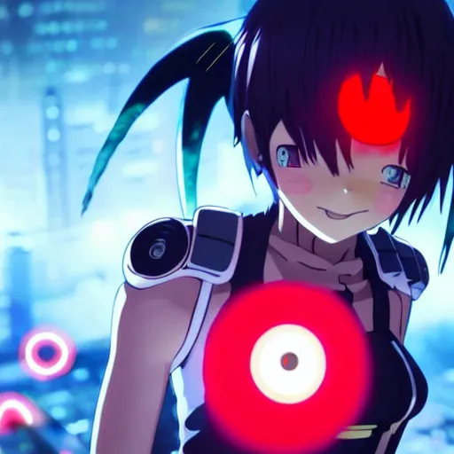 Prompt: anime cyberpunk movie still from assassination classroom : : small female android cyborg - angel, glowing red left eye and glowing blue right eye : : cinematic lighting, advanced digital cyberpunk art : : wlop, rossdraws sakimimichan, ilya kuvshinov, krenz cushart, greg rutkowski