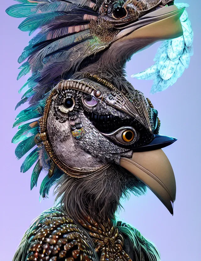 Prompt: 3 d goddess close - up profile portrait with feathers, fur, and bones wearing a beautiful intricately detailed kookaburra mask and retrowave sorceress outfit. lizard scales, reflective chitin, optical mineralogy, songlines, plasma, creature, artwork by tooth wu and android jones wlop and android jones and beeple and greg rutkowski