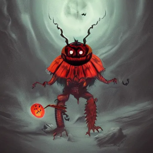 Image similar to ladybug as a monster boss, fantasy art style, scary atmosphere, nightmare - like dream