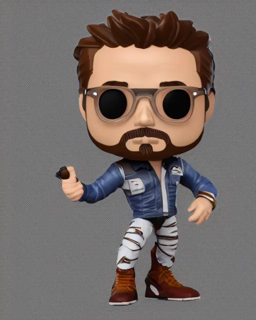 Image similar to full body 3d render of Robert Downey Junior as a funko pop, studio lighting, white background, blender, trending on artstation, 8k, highly detailed