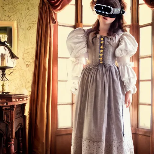 Prompt: a beautiful young girl wearing victorian style clothes, long dress, with an oculus headset over her eyes, in a room with victorian style decor