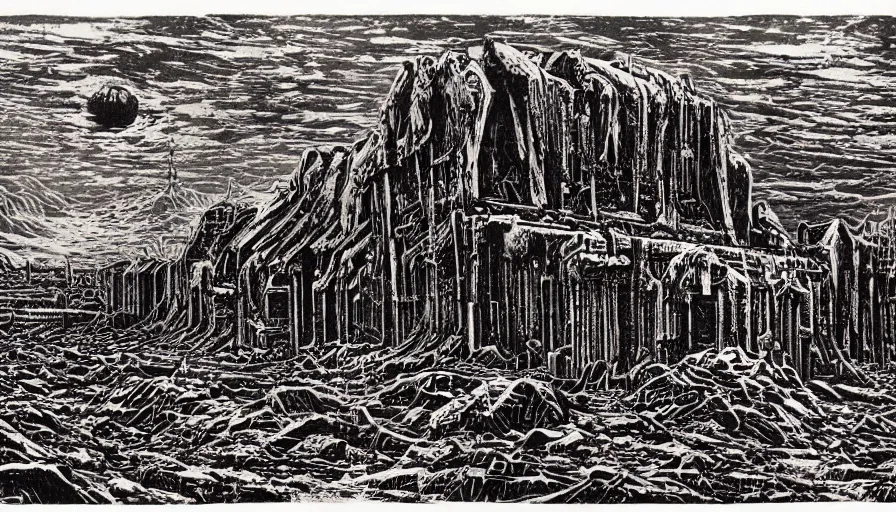 Image similar to linocut print of a desolate colony on mars by simon bisley, hr giger and beksinski, ink, detailed, clean lines