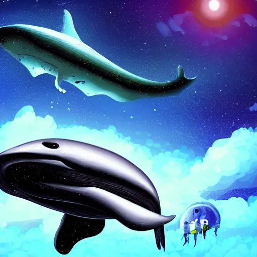 Prompt: a spaceship flies away abandoning a whale explorer on an alien world, sci-fi digital art illustration,