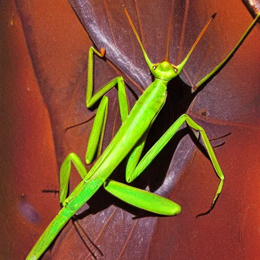 Prompt: praying mantis on a leaf, orientalist, perspective