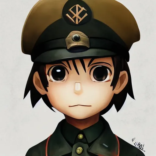 Image similar to beautiful little arian boy in nazi uniform. made in abyss art style, inspired by kris from deltarrune, cute detailed artwork, anatomically correct, soft details, ilya kuvshinov, reflection, perfect composition, portrait, illumination, digital art, detailed anime soft face, symmetrical face, western comic, illustration