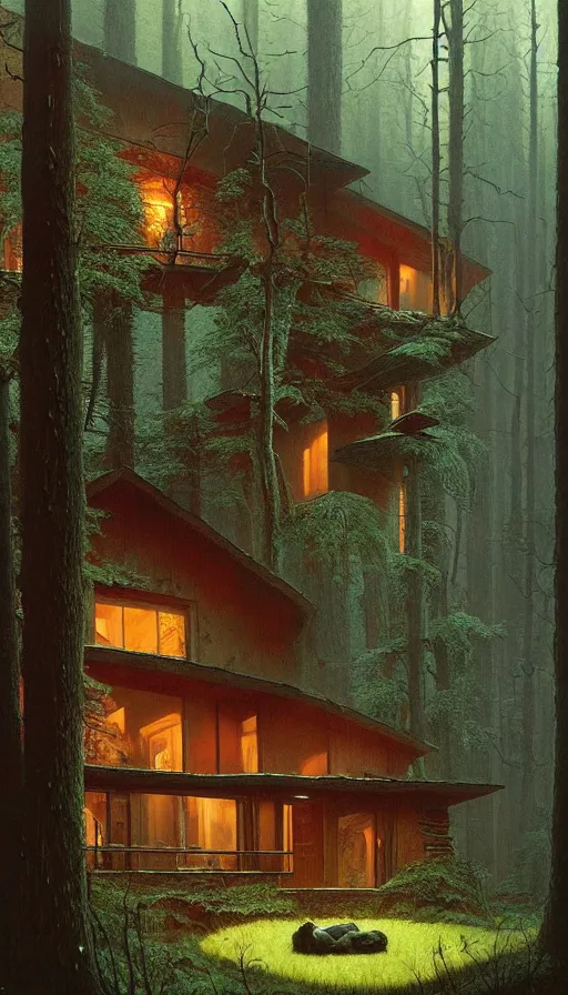 Image similar to cozy home in the woods moody lighting, highly detailed, painting by zdzisław beksinski and norman rockwell and greg rutkowskiweta studio, and lucasfilm