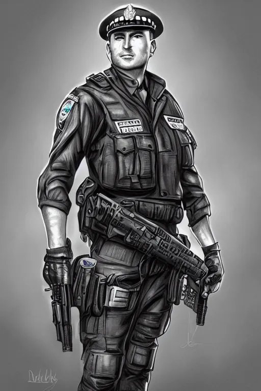 Image similar to london police officer heroically posing, highly detailed, digital art, sharp focus, trending on art station