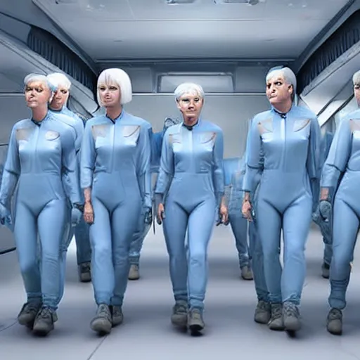 Image similar to troop of grannies with white bob hairdos, tight light blue neopren pilot suits, futuristic cloning facility, sci - fi, highly detailed, cinematic