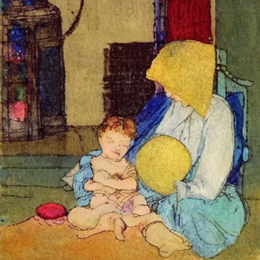 Image similar to this mixed mediart is beautiful because of its harmony of colors and its simple but powerful composition. the artist has created a scene of peaceful domesticity, with a mother and child in the center, surrounded by a few simple objects. the colors are muted and calming, and the overall effect is one of serenity and calm. by howard pyle ecstatic