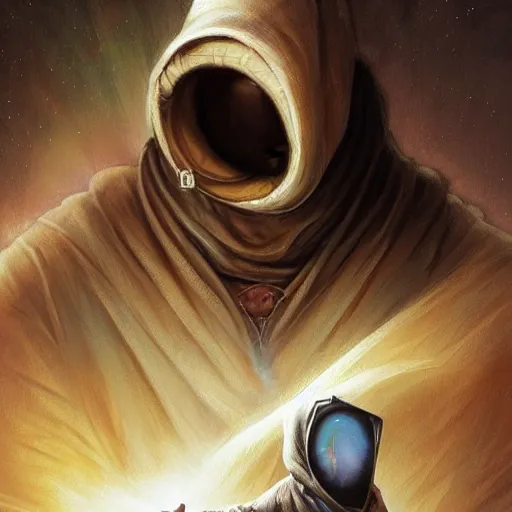 Image similar to masked nomad male wearing a cloak on an alien world and holding a holographic planet projection in his hand, detailed, sci - fi, digital painting, artstation, sharp focus, illustration, ominous, artgerm, tomasz alen kopera, peter mohrbacher, donato giancola, joseph christian leyendecker, wlop, frank frazetta