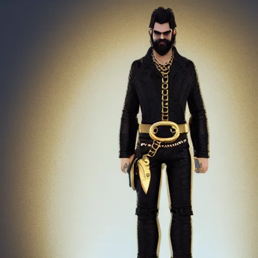 Image similar to a highly detailed full-length man with dark brown short hair, a dark beard, in black leather clothes, with a gold chain and a gold belt, artstation, DeviantArt, professional, octane render