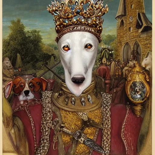 Image similar to Portrait of an anthropomorphic White Greyhound Monarch wearing a crown and holding a sceptre in a medieval blacksmiths. Very high quality. Drawn by James Christensen