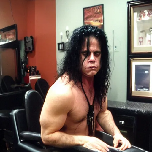 Image similar to glenn danzig with permed hair, at the salon getting a pedicure,