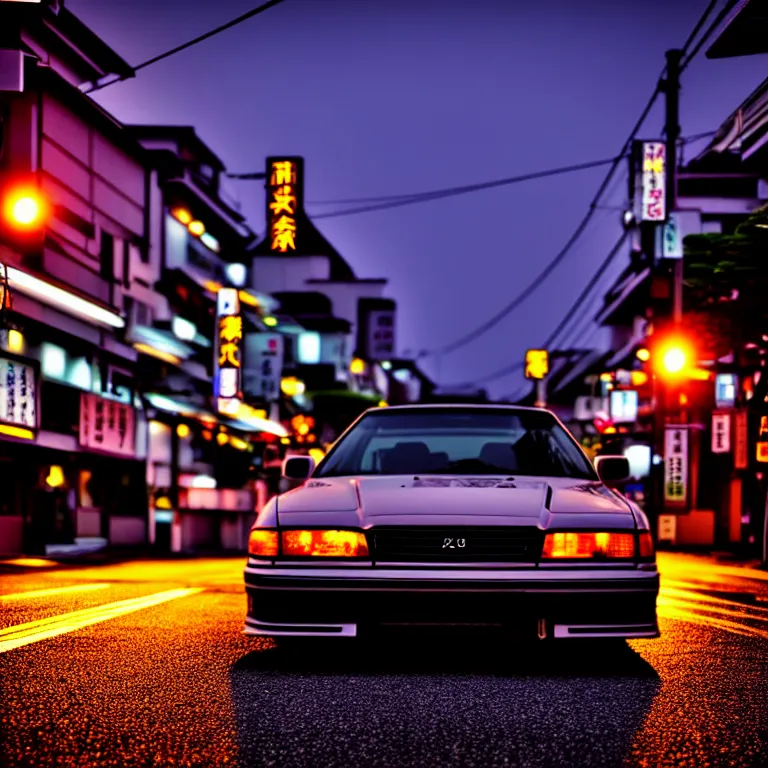 Image similar to close-up-photo JZX90 drift middle of street, sunset kanagawa prefecture, night, cinematic color, photorealistic, highly detailed,