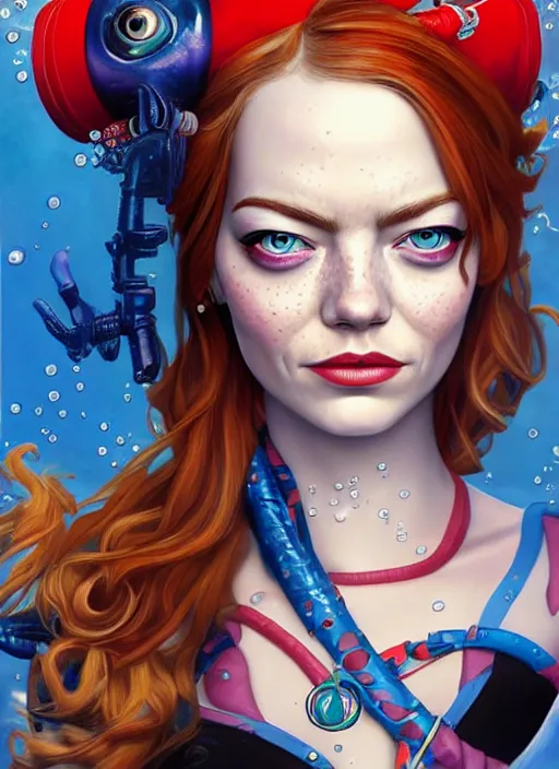 Prompt: underwater pirate portrait of emma stone, pixar style, by tristan eaton stanley artgerm and tom bagshaw.