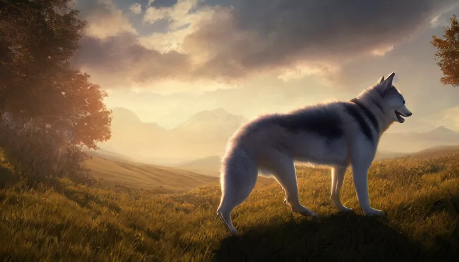Image similar to back view of husky watching the sun sitting of the hill, clouds in the sky, hyperdetailed, artstation, cgsociety, 8 k