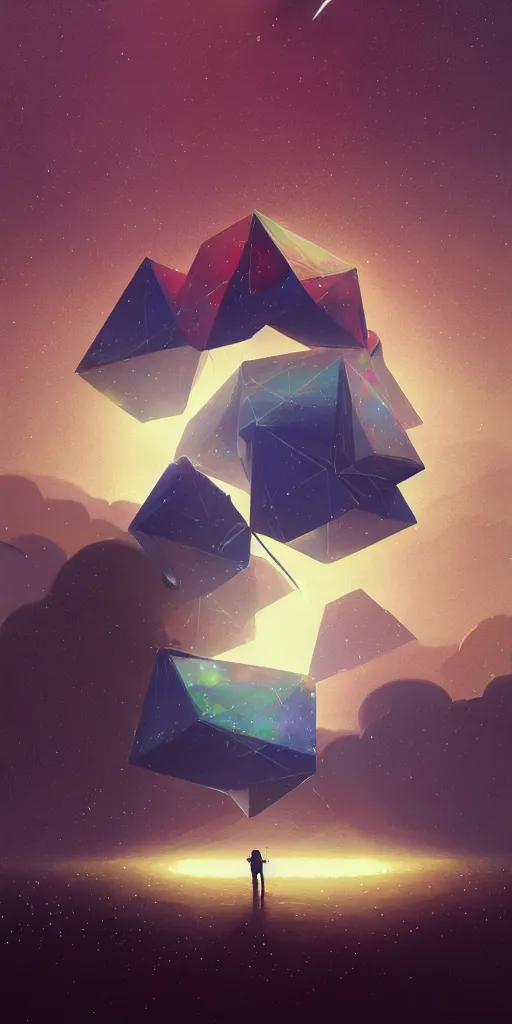 Prompt: greg rutkowski, beeple, a painting by ralph mcquarrie of floating molecules and icosahedron with stars, clouds, and rainbows in the background, trending on artstation, masterpiece, incredible details