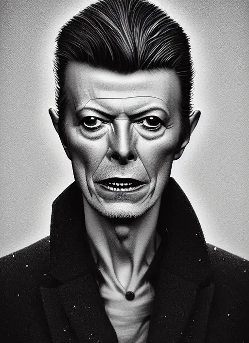 Image similar to david bowie in real life, face centered portrait of david bowie, confident, fog, rain, volumetric lighting, beautiful, golden hour, sharp focus, ultra detailed, cgsociety by leesha hannigan, ross tran, thierry doizon, kai carpenter, ignacio fernandez rios, noir art house, 4 k, 3 5 mm, fujifilm