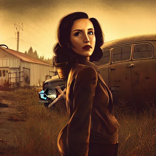 Prompt: fallout 5, charismatic brunette female protagonist, portrait, outdoors scene, somewhere in a low density rural town, retro rusted cars, atmospheric lighting, painted, intricate, volumetric lighting, beautiful, daytime, sunny weather, sharp focus, slightly desaturated, ultra detailed, by leesha hannigan, ross tran, thierry doizon, kai carpenter, ignacio fernandez rios