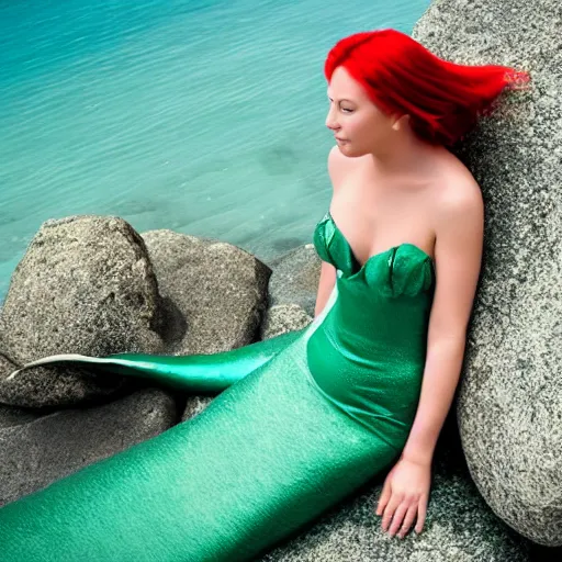 Prompt: elegant mermaid lady on a rock in the ocean, green and blue scales, red hair