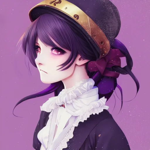 Image similar to wearing full clothing in full clothing victorian dress, beautiful anime woman, purple hair, red eyes, weapon, steampunk, symmetrical face, symmetrical eyes, full round face, short smile, detailed, winter setting, cinematic lighting, medium shot, mid - shot, makoto shinkai, artgerm, ilya kuvshinov, loish